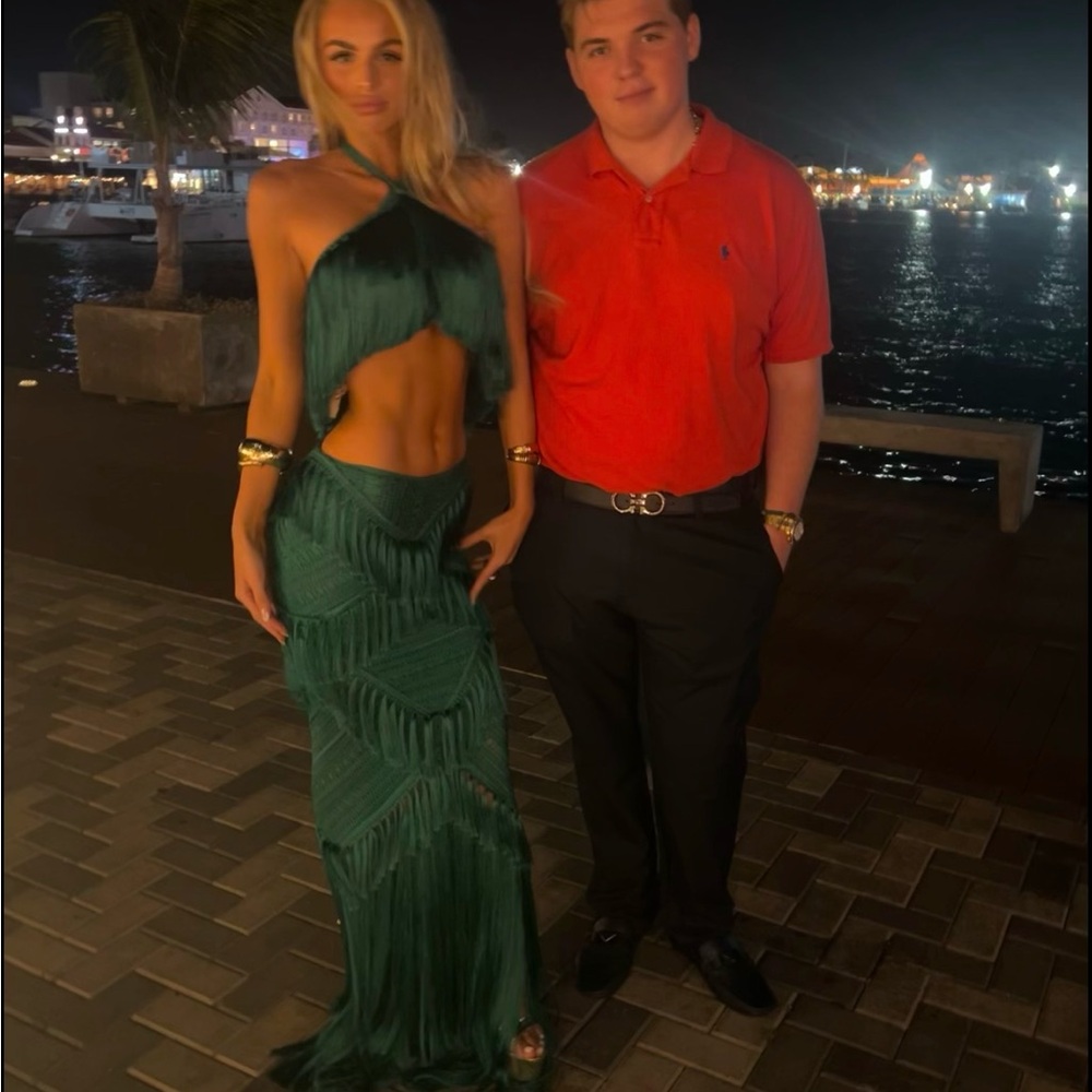 Patbo green fringe skirt and top set